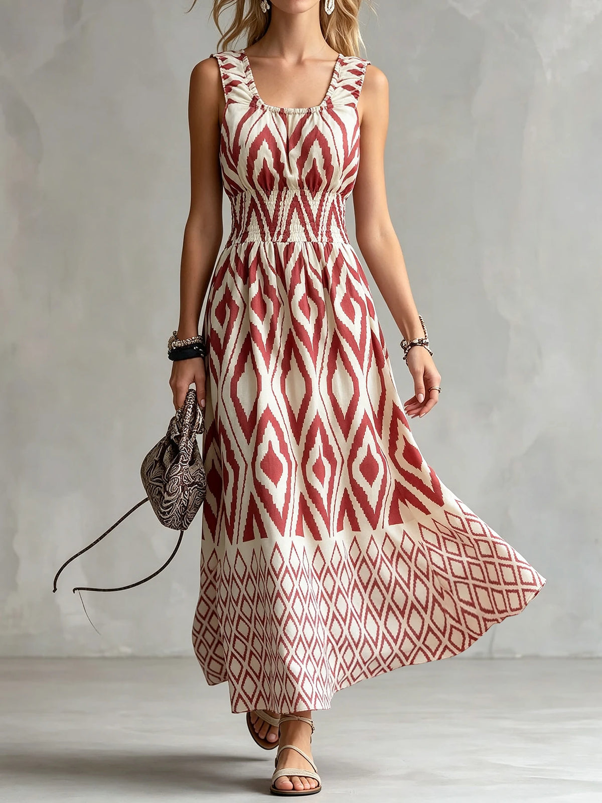 Women's Vintage Ethnic Ikat Pattern Sleeveless Square Neck Smocked Bust Tiered Casual Midi Dress