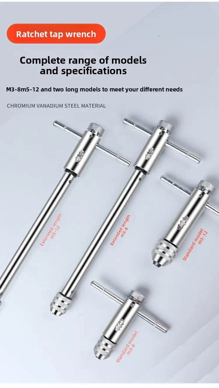 Set of four chrome vanadium steel ratchet tap wrenches in various sizes and lengths for tap and die set thread cutting tool kit.