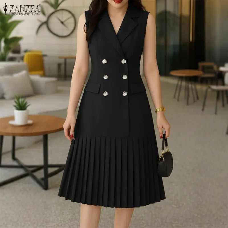 Women's Office Wear Pleated Midi Dresses Elegant Notched Lapel Double-Breasted Sleeveless Blazer Dress Summer Solid Robes Femme