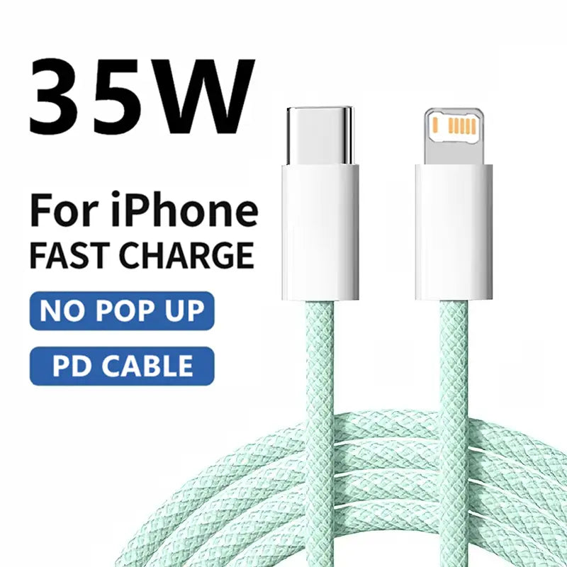 A mint green braided usb-c to lightning cable designed for iphone fast charging with 35w power delivery.