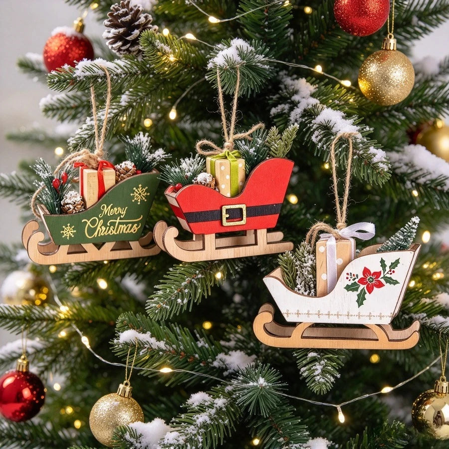 Wooden Christmas Sleigh Decoration Set Xmas Tree Hanging Ornaments Tabletop Display Rustic Holiday Home Decor Party Favors