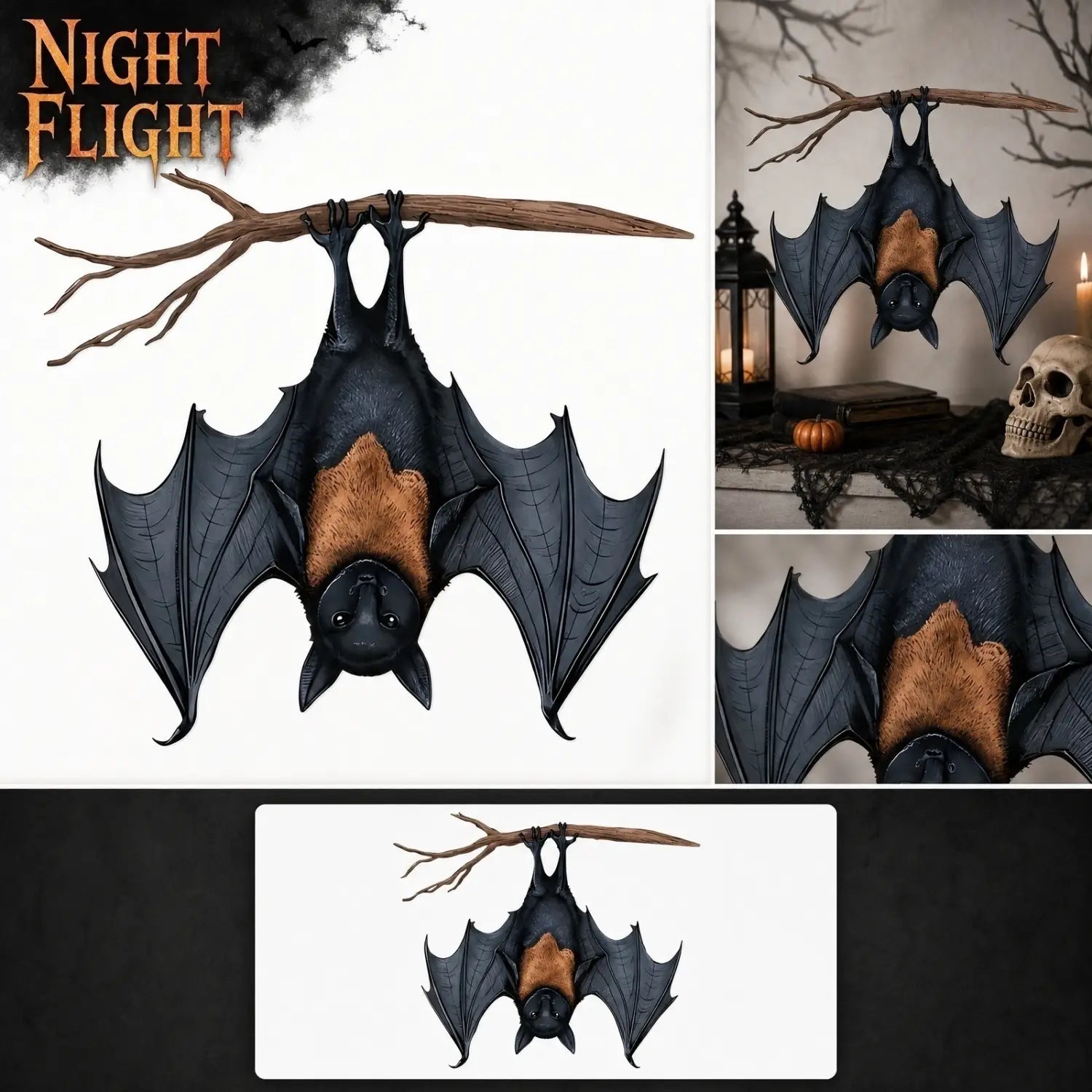 Ornement suspendu de chauve-souris noire et brune, avec des ailes détaillées et un corps texturé, conçu pour la décoration de sapin d'Halloween.