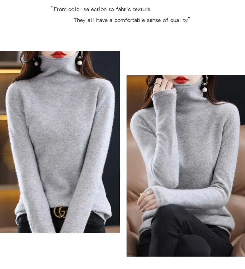 A soft heather gray merino wool turtleneck sweater for women featuring a smooth knit texture and long sleeves.