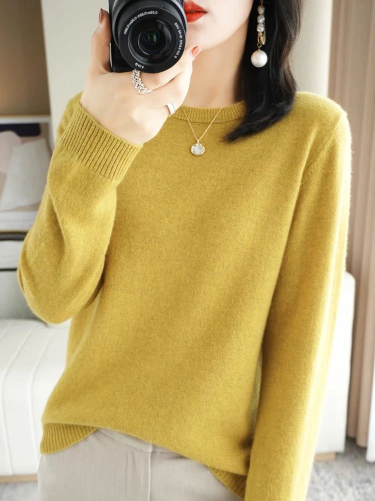 Autumn Winter Women Wool Sweater O-neck Long Sleeve Pullover Basic Casual Loose Style Famale Clothing Merino Wool Knitwear Tops