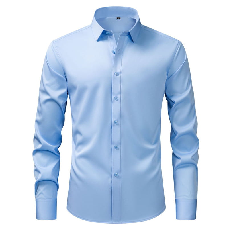Une chemise habillée sans repassage pour homme bleu clair avec des manches longues, un col net et une patte boutonnée en grande taille.
