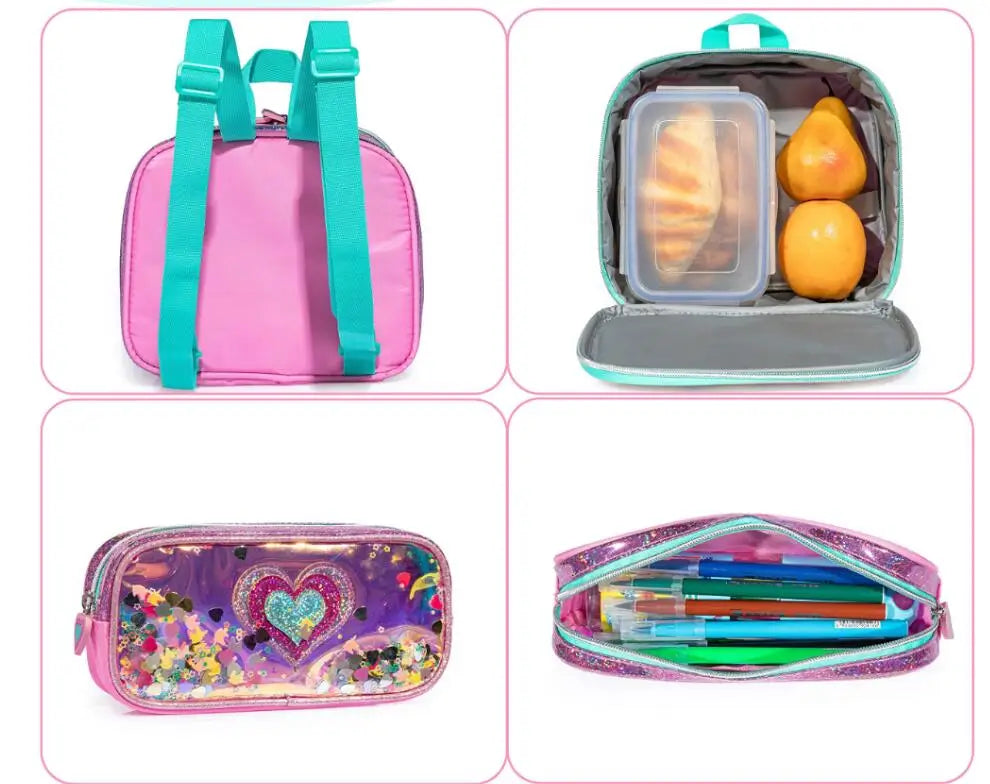 Isolierte Lunch-Tasche in Pink und Türkis holografisch mit glitzerndem Herzdesign vorne aus dem Schulrucksack-Set für Mädchen holografisch