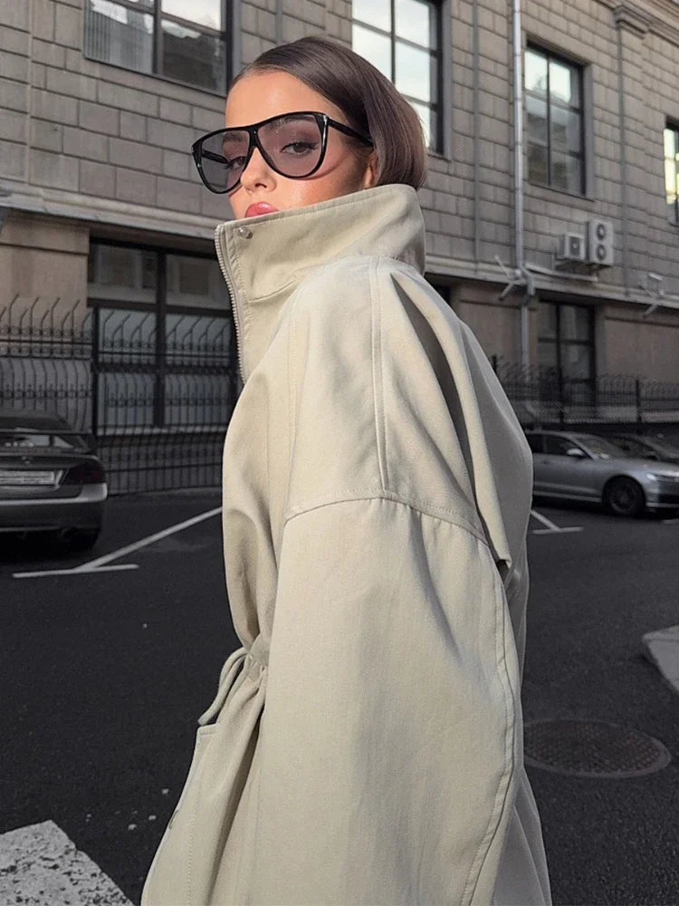 Stand Collar Drawstring Waist Trench Jacket Female Autumn 2025 Commute Long Sleeves Casual Women's Mid-Length Trench Coat