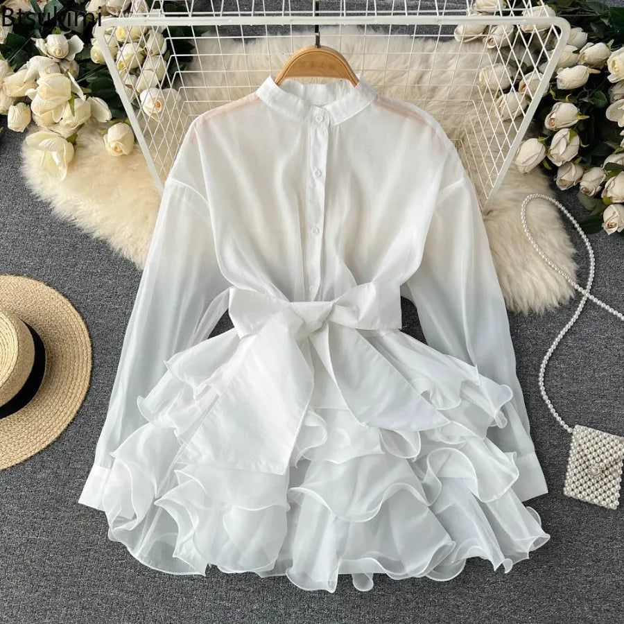 2026 Chiffon French Chic Elegant Blouses for Womens Spring Long Sleeve O-neck Solid Colours Femmen Long Shirt Tops Ruffles Woman