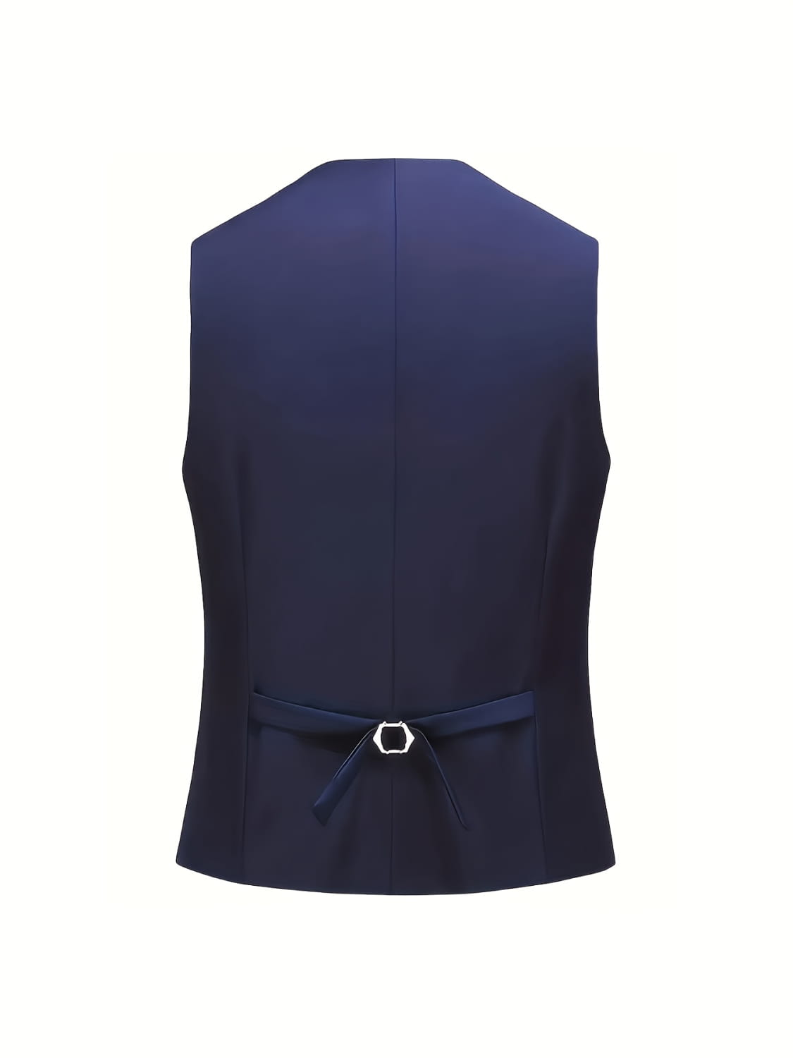 Gilet de smoking homme slim fit bleu marine, taillé sur mesure, avec une ceinture assortie et une boucle hexagonale à tonalité argent, présentant un type de fermeture simple.