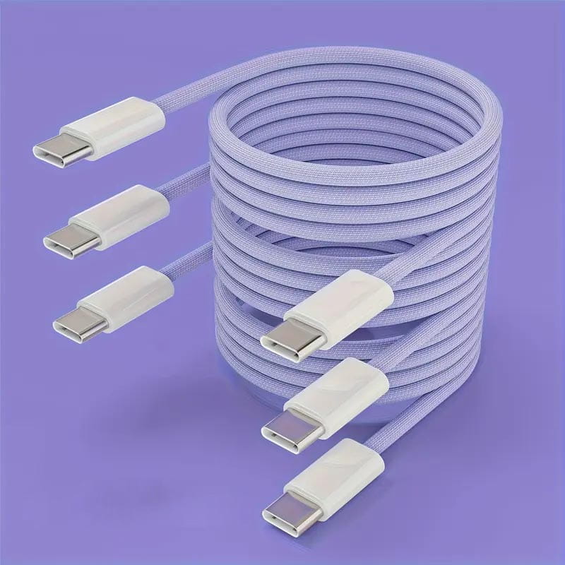 Hellviolettes geflochtenes USB‑C‑Schnellladekabel mit weißen Anschlüssen, ausgelegt für 60 W Power Delivery, im 3er‑Set.