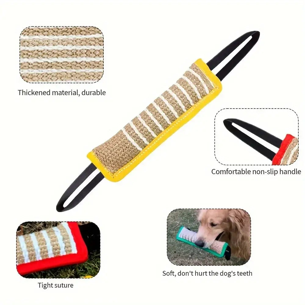 Yellow and beige braided durable jute dog chew toy with black non-slip handles for puppies and adult dogs
