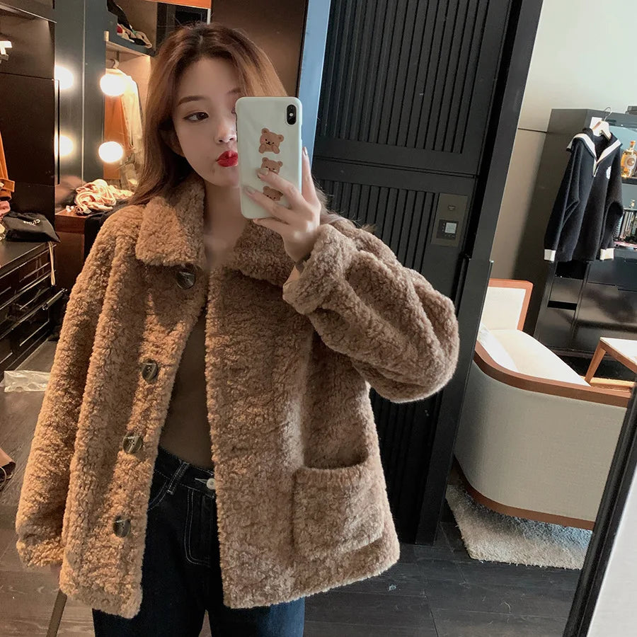 Lamb Wool Sweatshirt Jacket for Women Autumn Winter New Loose Short Korean Style Versatile Cardigan Top Fashion