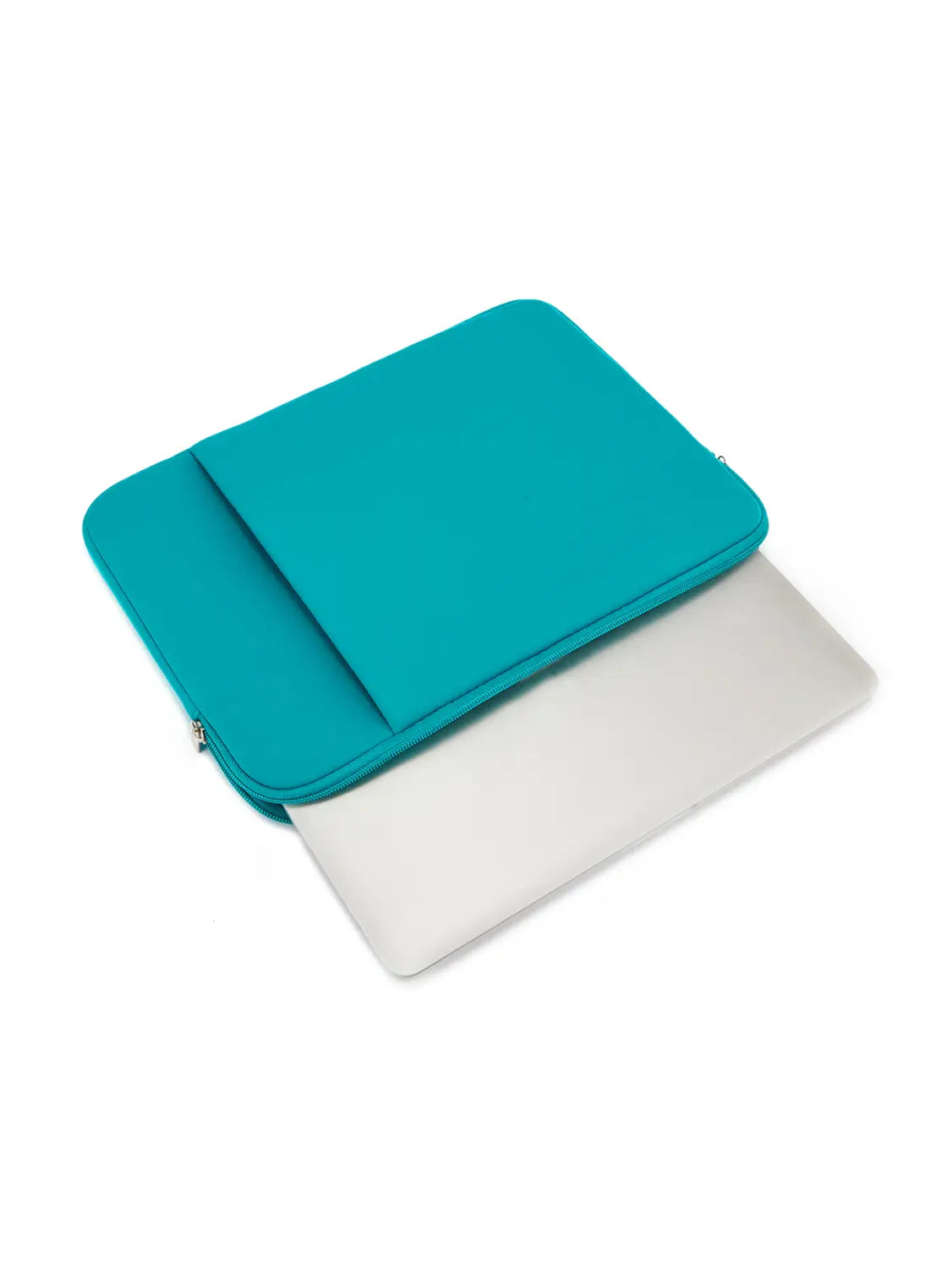 Tealfarbene multifunktionale Neopren-Laptoptasche mit Reißverschlussverschluss und Innenfach, um silberne Laptops zu schützen und zu transportieren von 11 bis 17 Zoll.
