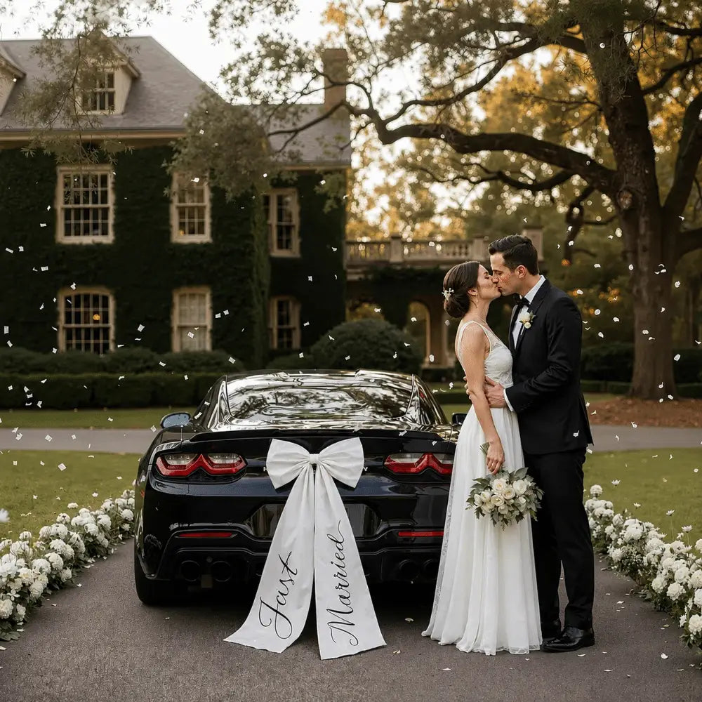 Parte trasera de un coche deportivo negro adornada con un gran moño para coche de bodas de satén blanco y una cinta «just married».