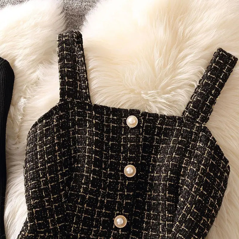 Women Autumn Winter Dress New Small Fragrant Tweed Vest Suspender Woolen Dress Bottom Knitted Sweater Female Two-Piece Set Suit