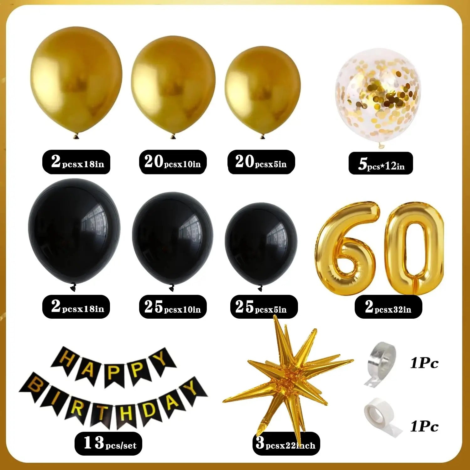 Globo número 60 con lámina dorada destacado en un kit de arco de globos de cumpleaños en negro y oro para una decoración festiva.