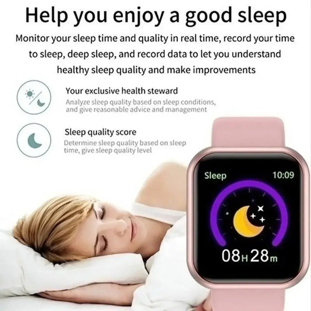 Fitness smart watch Bluetooth digital sports wristwatch with pink silicone strap rose gold frame and circular display showing sleep tracking data.