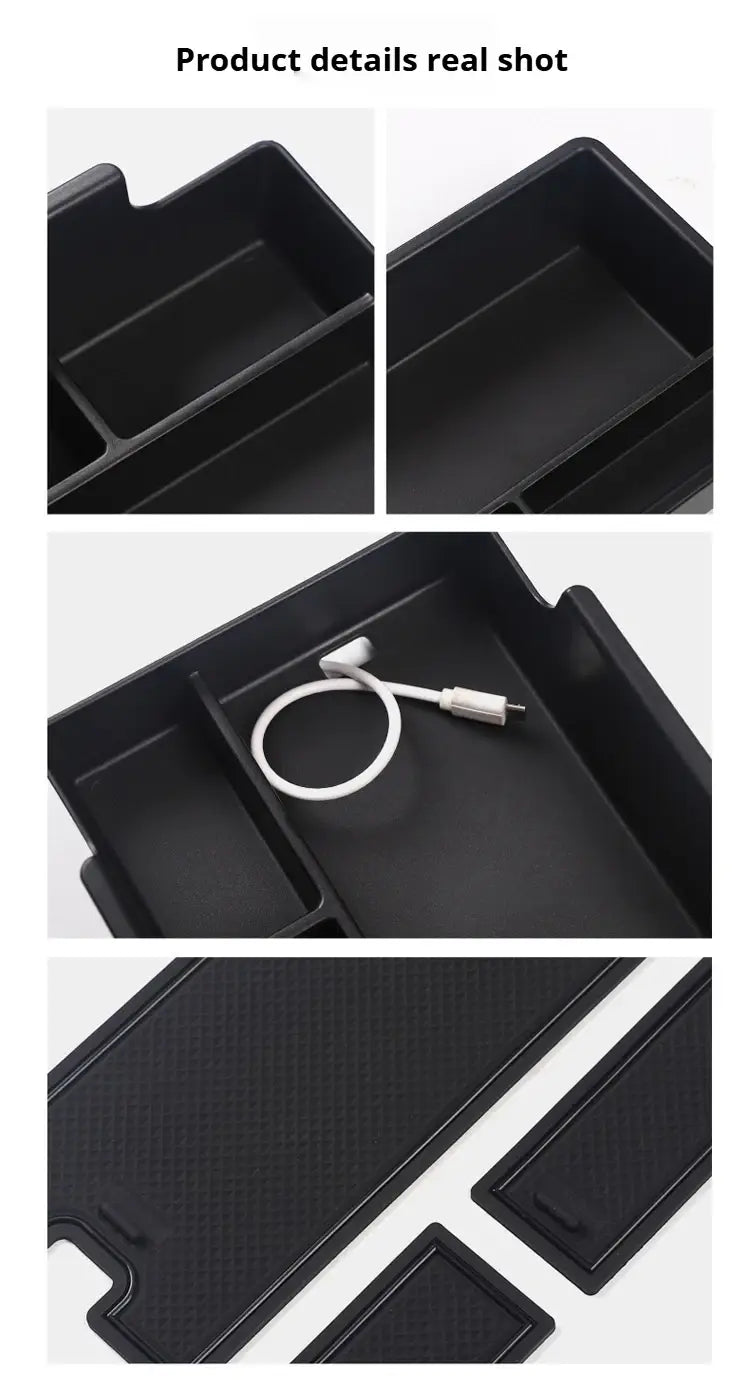 Bandeja de almacenamiento de plástico negro para el automóvil con compartimentos moldeados y superficie con textura para el organizador de la consola central Aion Y Plus.