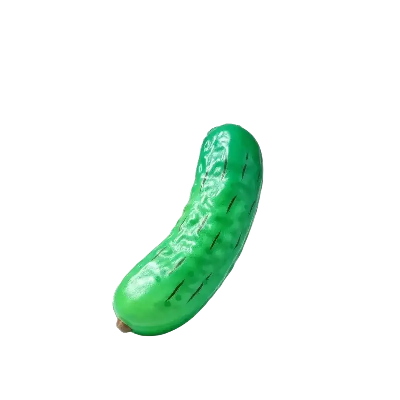A glossy green plastic pickle-shaped pu slow rising squishy toy with black line details for stress relief