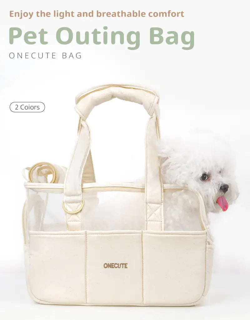 Sac à dos pour chien de petite taille en toile respirante de couleur crème, avec panneaux latéraux transparents et quincaillerie de ton doré, arborant le logo de la marque onecute à l’avant.