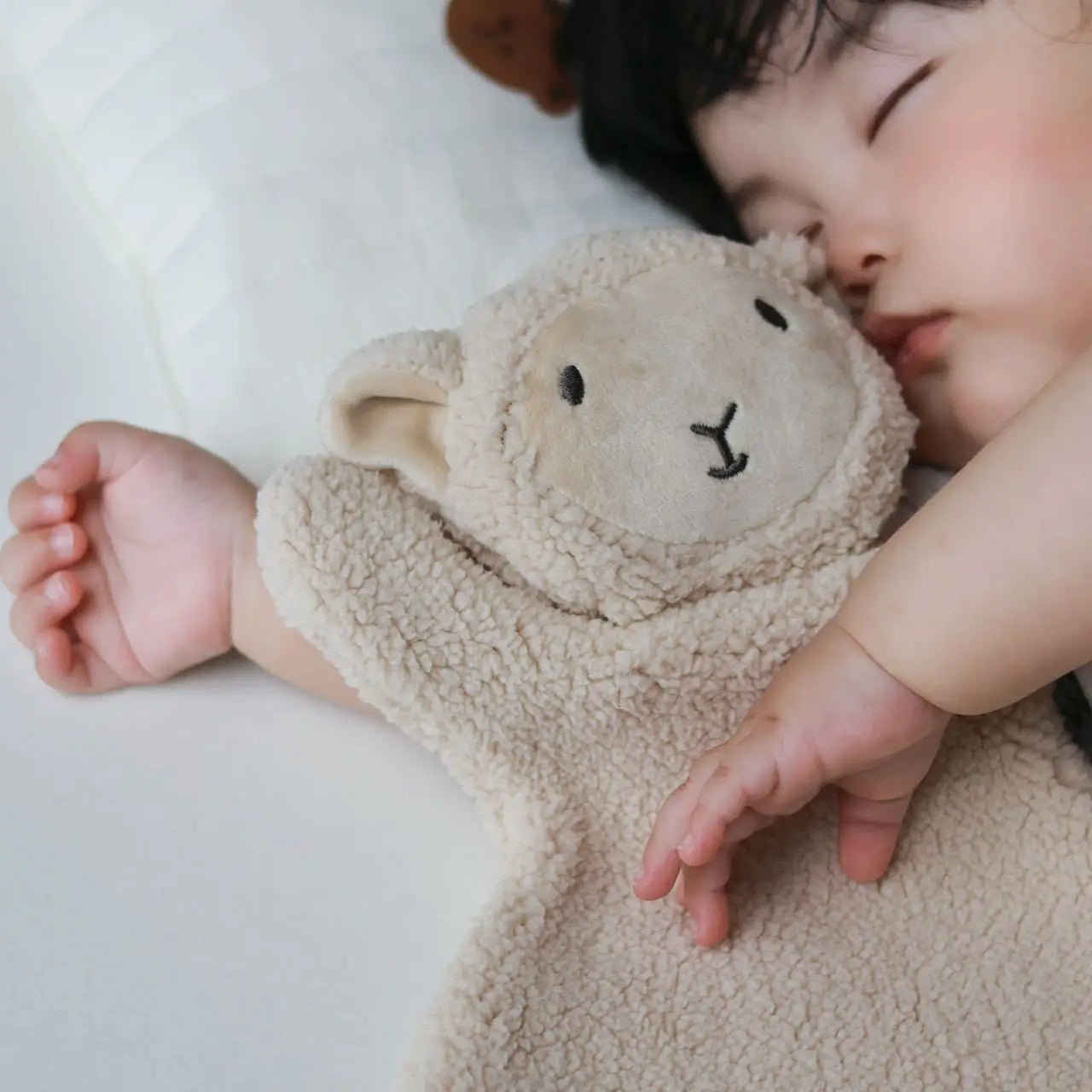 刺繍された表情の特徴を備えた、柔らかなベージュのフリース製、子羊型スリープサック。ベビー向けのなだめ用ぬいぐるみベアの人形写真撮影用小道具として使用します。