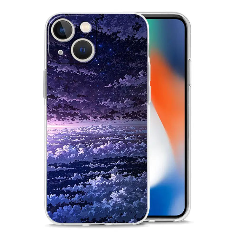 A translucent phone case for iPhone 13 featuring a vibrant digital illustration of a starry night sky with purple and blue clouds on the back side.