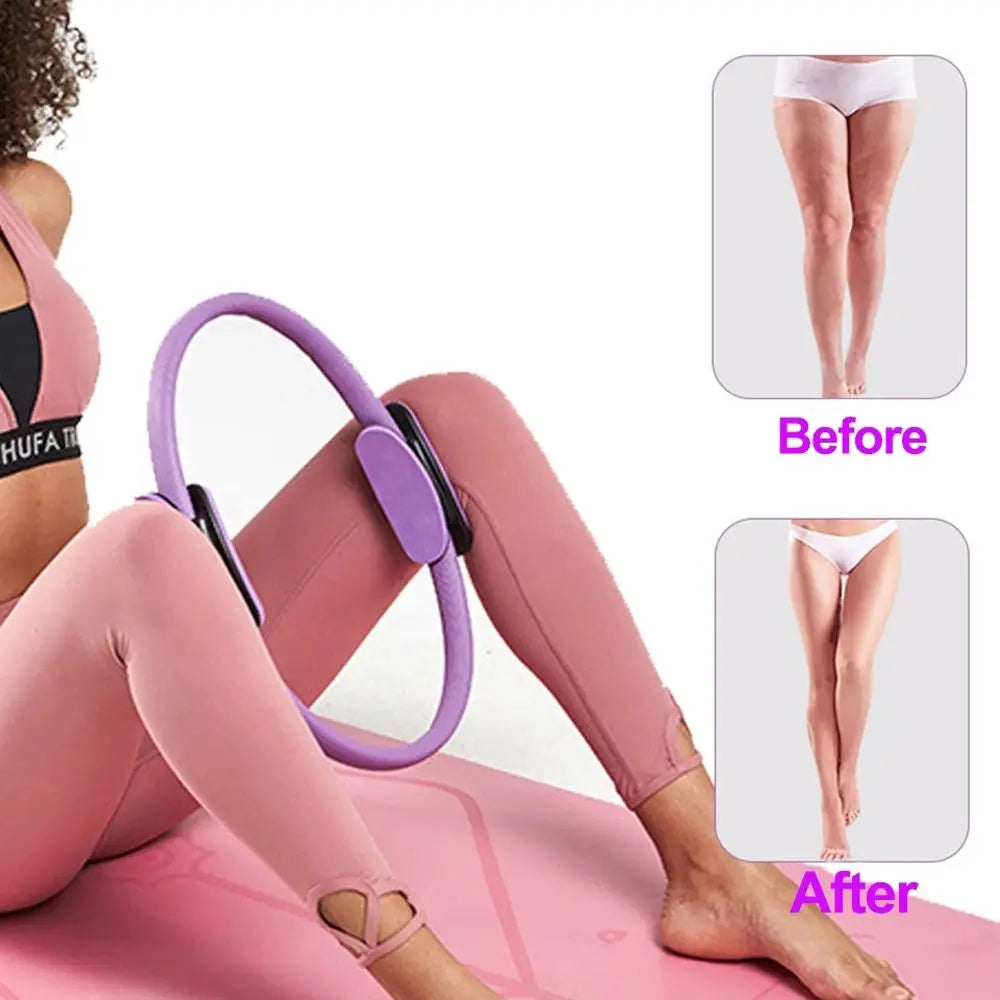 Purple pilates ring with black adjustable straps designed as fitness magic circle yoga equipment for strength and flexibility training.