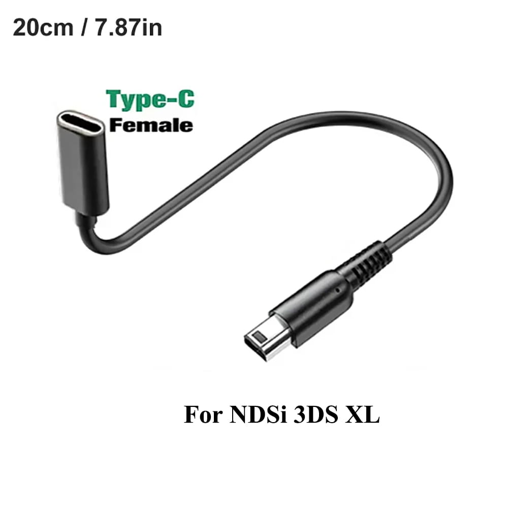 Cable adaptador hembra tipo C negro a macho Nintendo DSi 3DS XL para cable de carga USB C para Nintendo 3DS DSi 2DS XL, mostrado desde el lado posterior