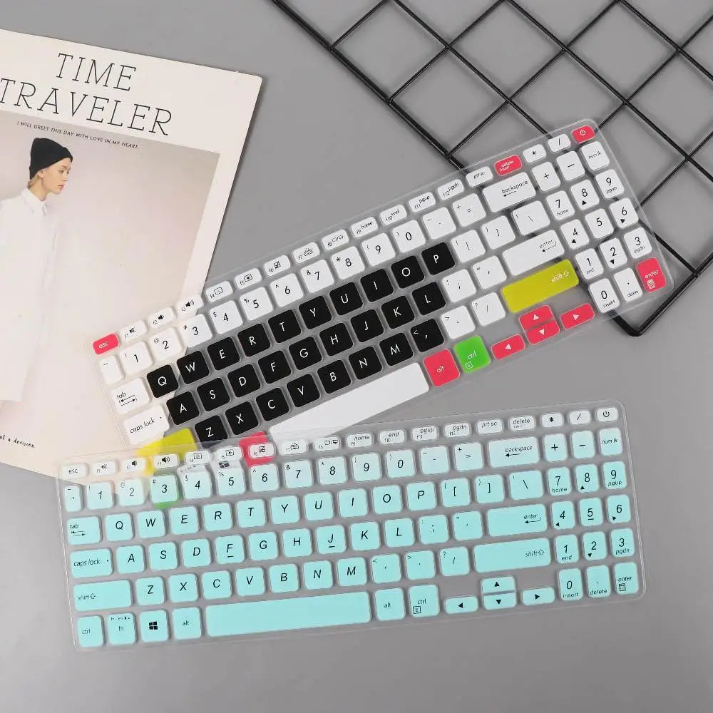 transparent silicone laptop keyboard cover with colorful red green yellow and black accent keys on a white base for 15.6 inch laptops
