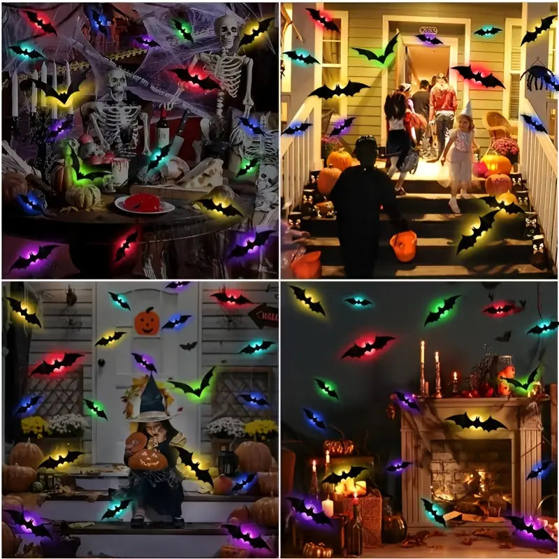 lámpara de noche LED estereoscópica con forma de murciélago en tonos de brillo colorido, fabricada con material PET, para decoración de Halloween