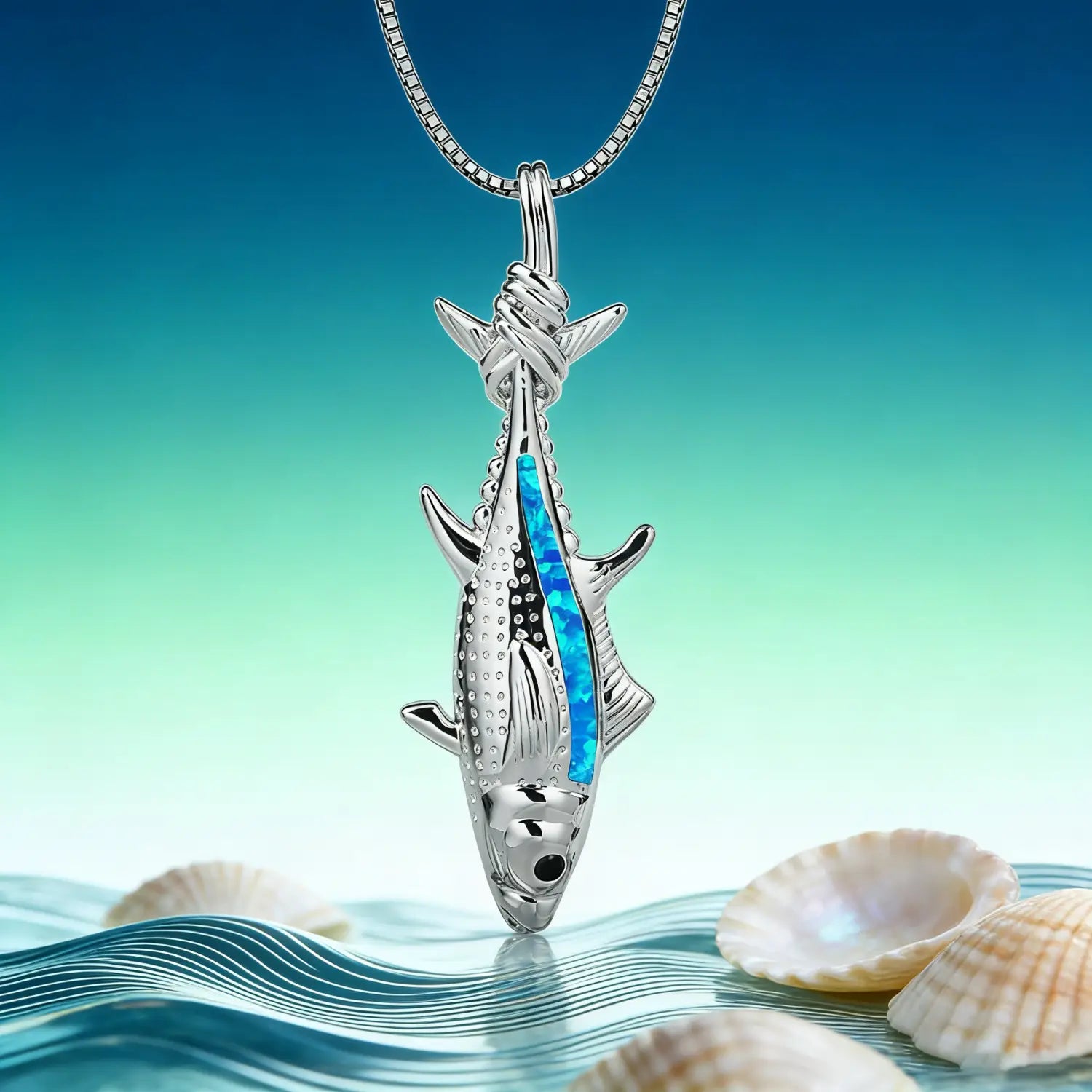 Collier pendentif en forme de poisson en argent, présentant un placage d’opale bleue éclatant le long de son corps, avec des écailles texturées détaillées, issu de la collection « Blue Opal Fish Pendant Necklace Silver Ocean Jewelry ».