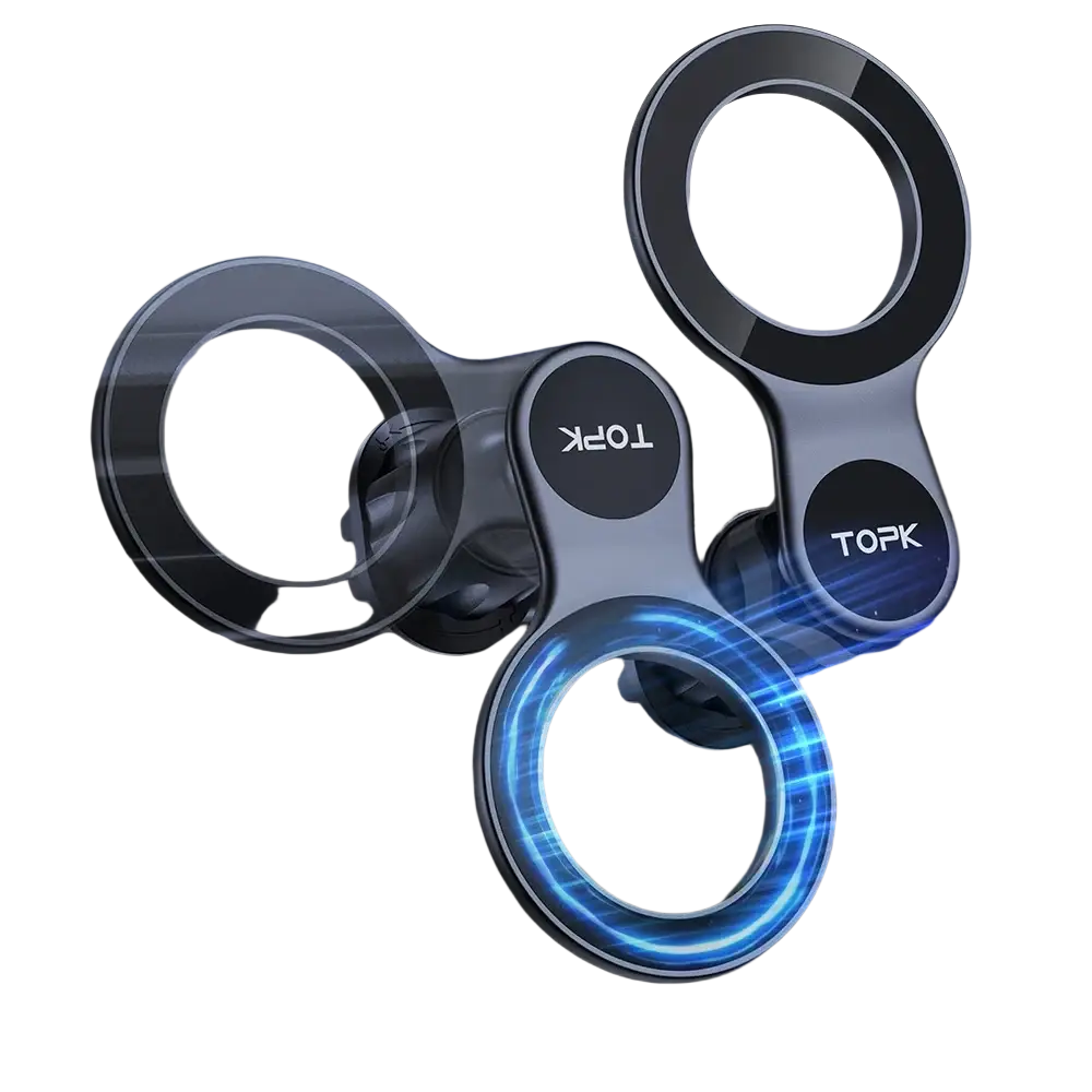 Black magnetic car phone holder with circular rings and blue glowing accents for TOPK MagSafe car phone use