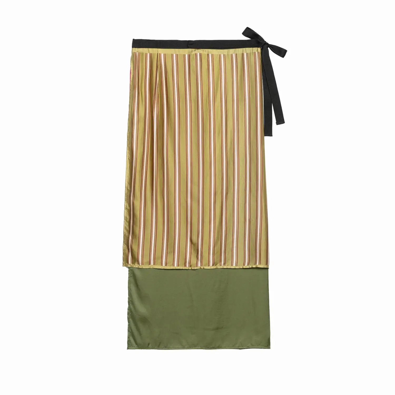 A traditional japanese-style wrap skirt from the floral print two piece midi skirt set featuring vertical stripes in olive green beige and rust tones with a solid olive lower section and black tie belt.