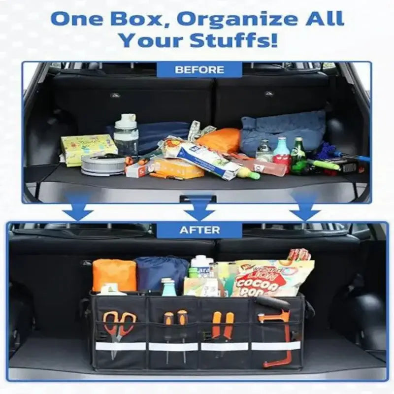 Organisateur de coffre de voiture pliable en tissu noir, avec couvercle, doté de plusieurs compartiments et d’emplacements pour outils afin d’assurer un rangement efficace.