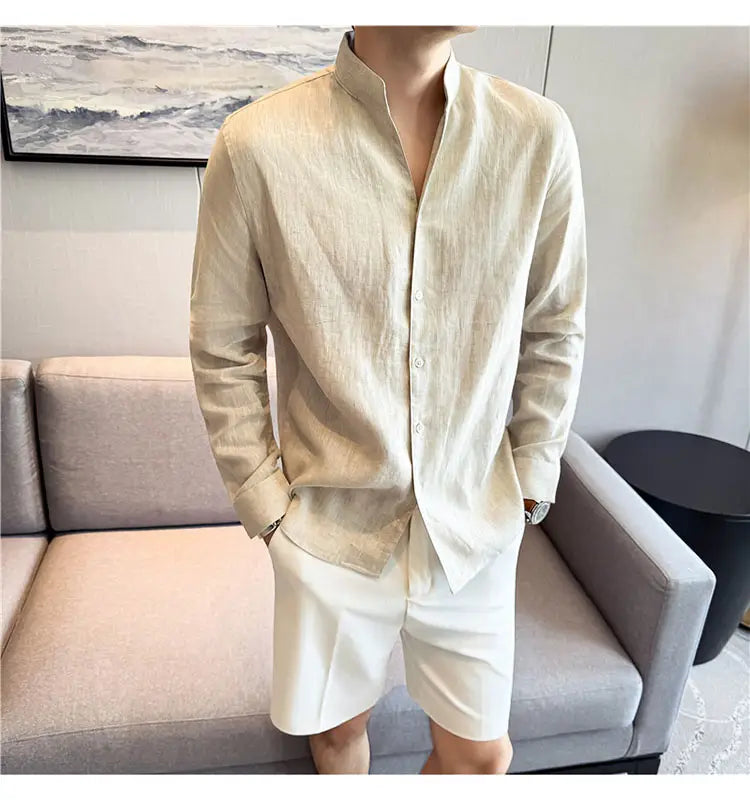 beige linen button-up men’s shirt with mandarin collar and long sleeves suitable for casual or formal wear