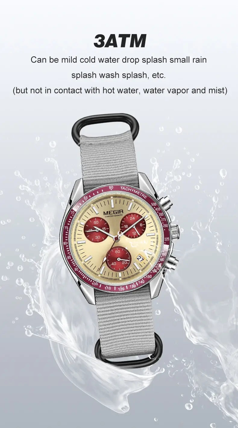 A silver-toned megir men canvas chronograph watch with a beige dial red subdials and bezel.