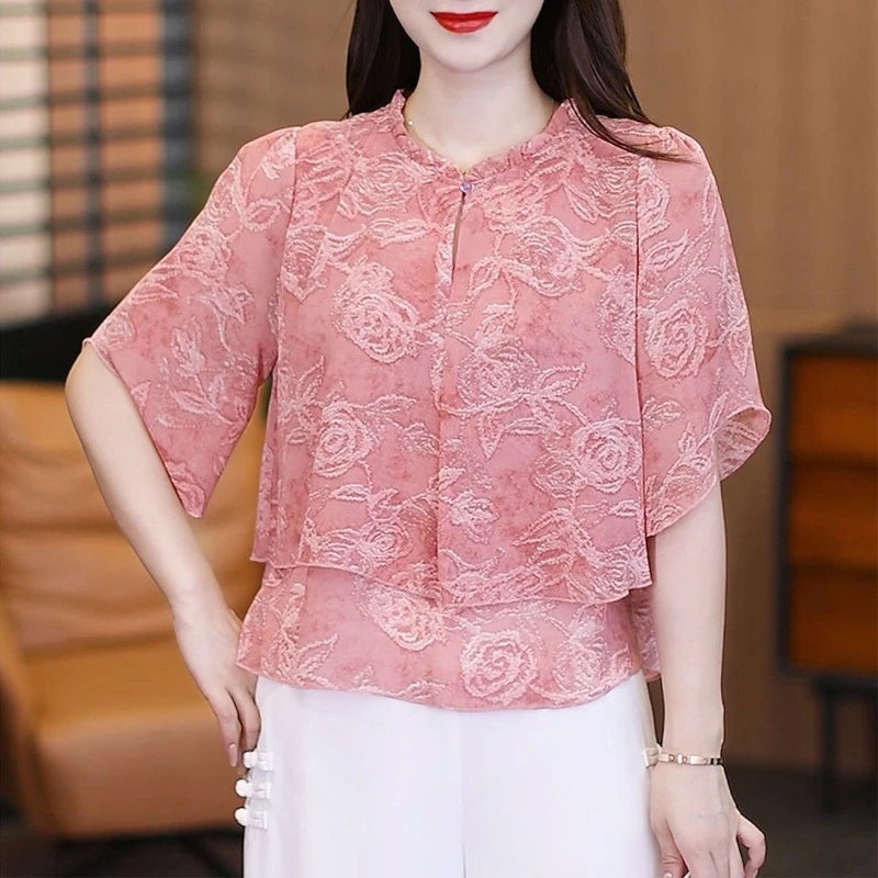 Summer Casual short sleeves Shirt Fashion Ruffles Round neck  Blouses Women's Clothing  Elegant Top
