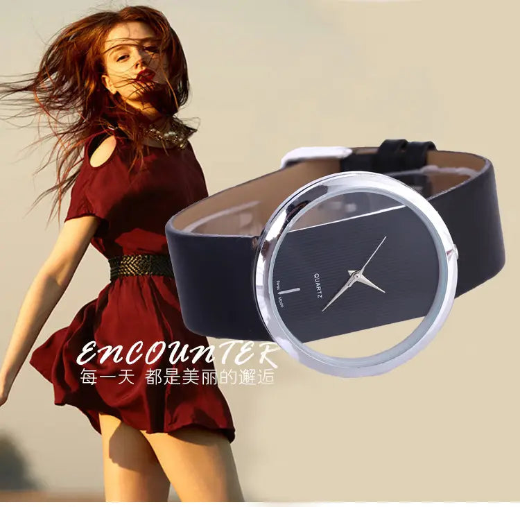 Women luxury leather quartz watch with a black leather strap, sleek silver case, and minimalist black dial with a transparent display.
