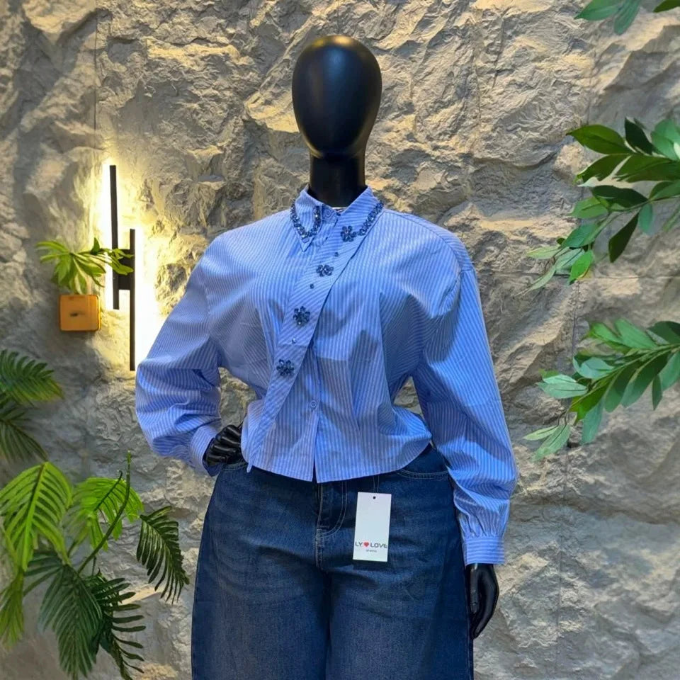 Women Blouses Shirt Vintage Turn Down Collar Full Sleeve Tops Striped Y2k Streetwear Elegant Splice Shirts Casual Summer 2026