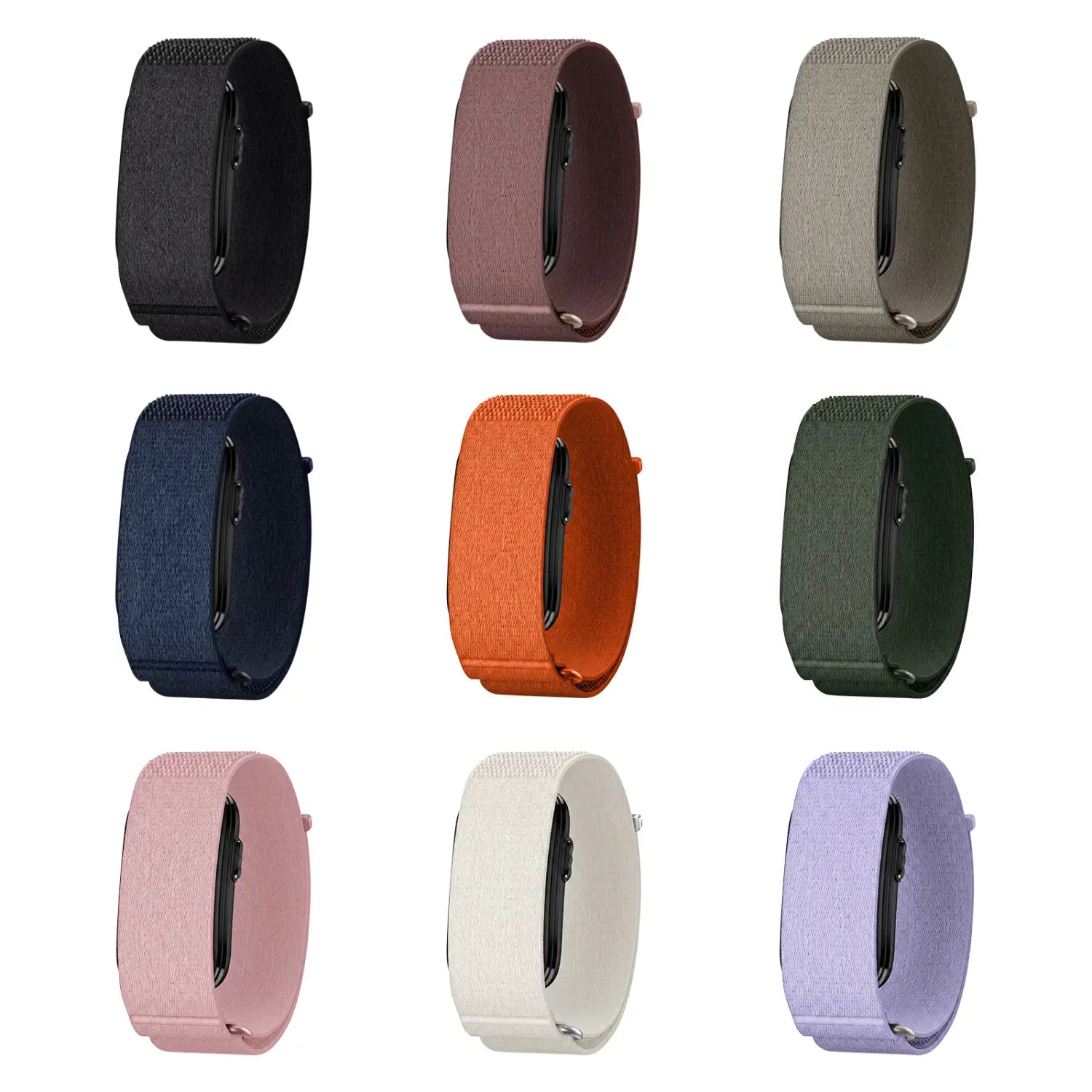 Nine breathable replacement strap options for Cirqa smart band made of woven nylon fabric in black, burgundy, gray, navy blue, orange, green, pink, white, and lavender ideal as adjustable sport watch straps.