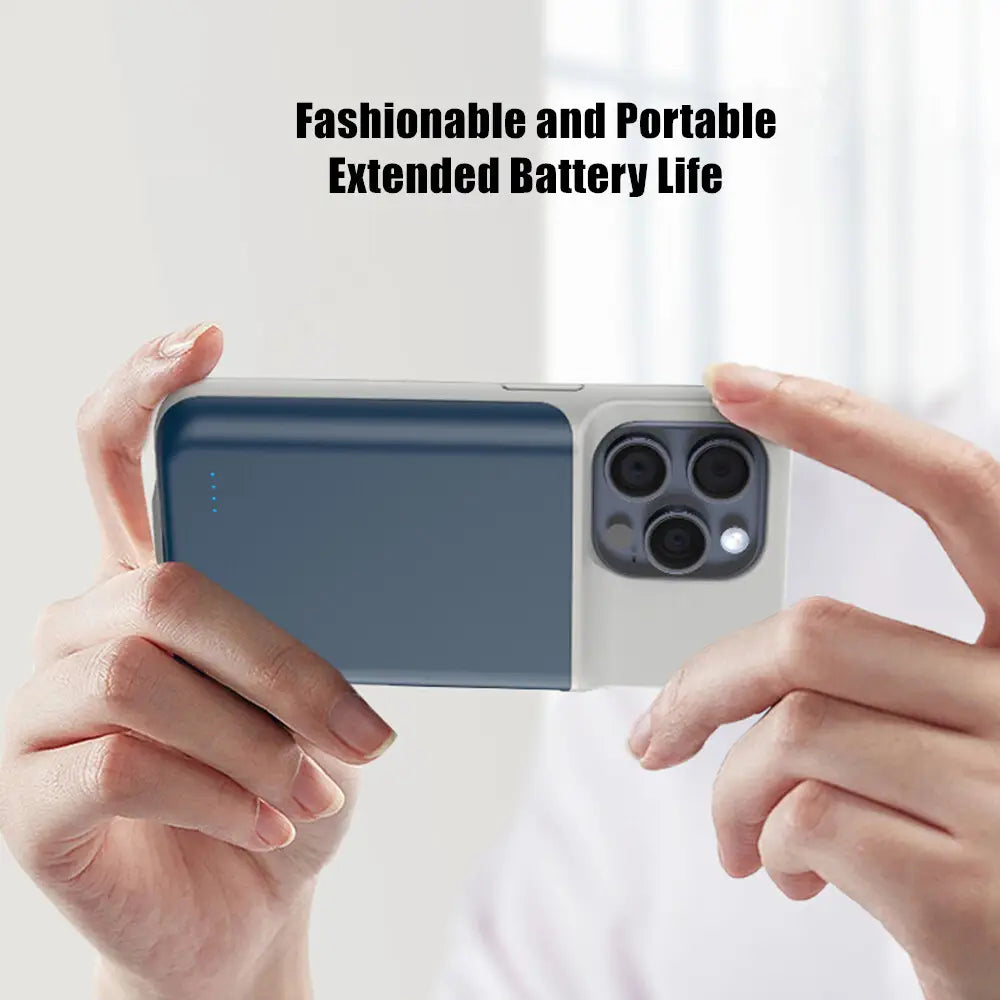 Blau-weiße Dual-Color-Pro-Max-Akku-Ladehülle mit integriertem Akkupack-Design für die Rückseite des iPhone 16- und 17-Serien.