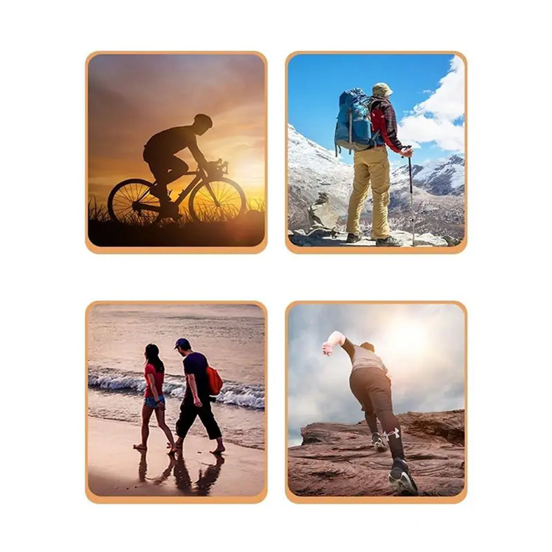 L’image montre des femmes portant des gants chauds pour écran tactile d’hiver en différentes activités de plein air, notamment le cyclisme au coucher du soleil, la randonnée sur un terrain enneigé avec un sac à dos bleu, la marche sur la plage avec un sac à dos rouge et l’escalade d’un terrain rocheux.