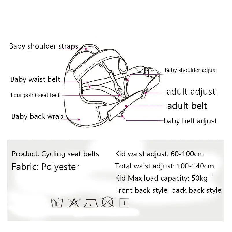 Polyester-Fahrradsitz-Gurte mit verstellbaren Trägern in Schwarz, ausgelegt für Babys- und Erwachsenensicherheit, dargestellt von der Rückseite für den Sicherheitsgurt für Kinder mit Elektro-Motorrad.