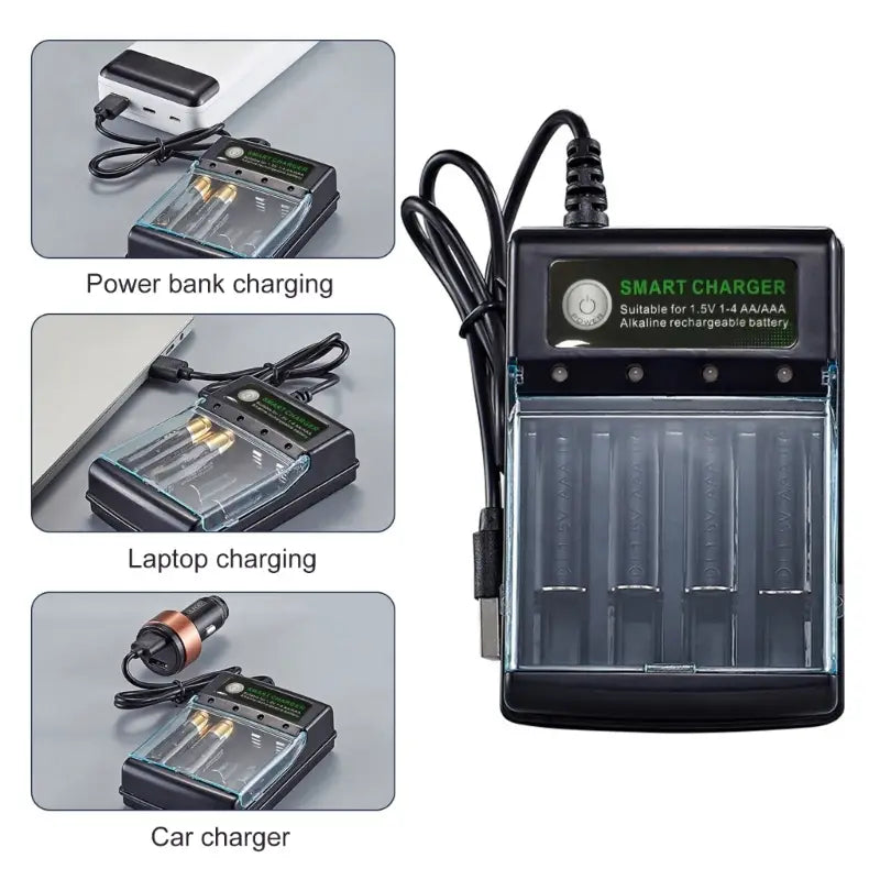 Black smart 1.5v alkaline battery charger with four slots for AA and AAA rechargeable batteries, featuring a clear plastic cover and USB power input.
