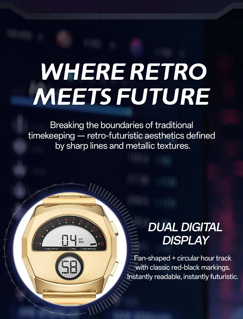 Gold-toned Megir men stainless steel digital watch with dual display featuring a fan-shaped analog dial and circular digital readout showcasing retro-futuristic design elements.