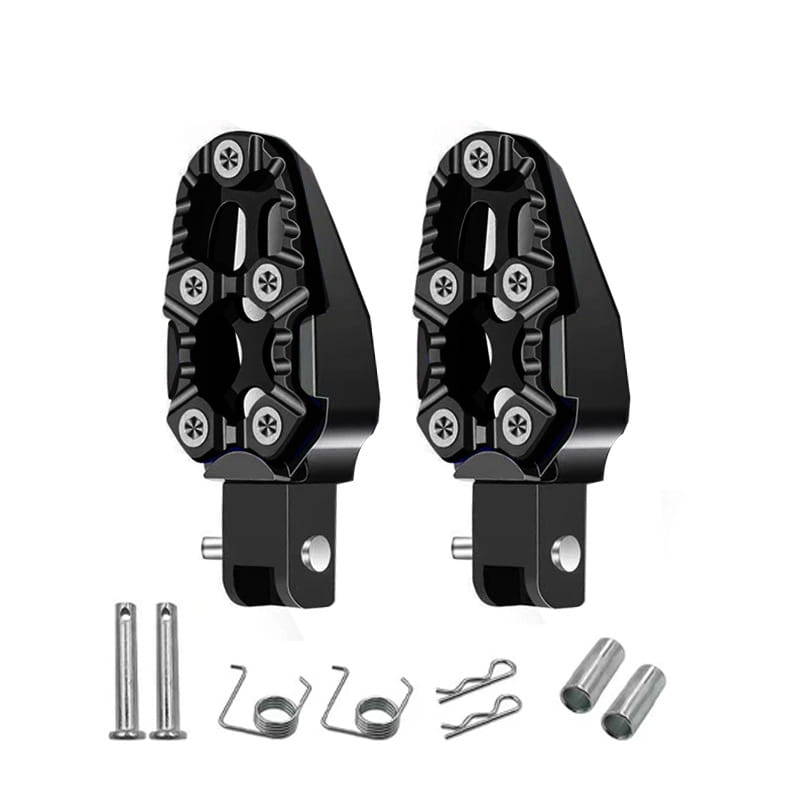 Black cnc aluminum motorcycle foot pegs with a textured rugged design and silver-colored screws for rear anti slip pedals.