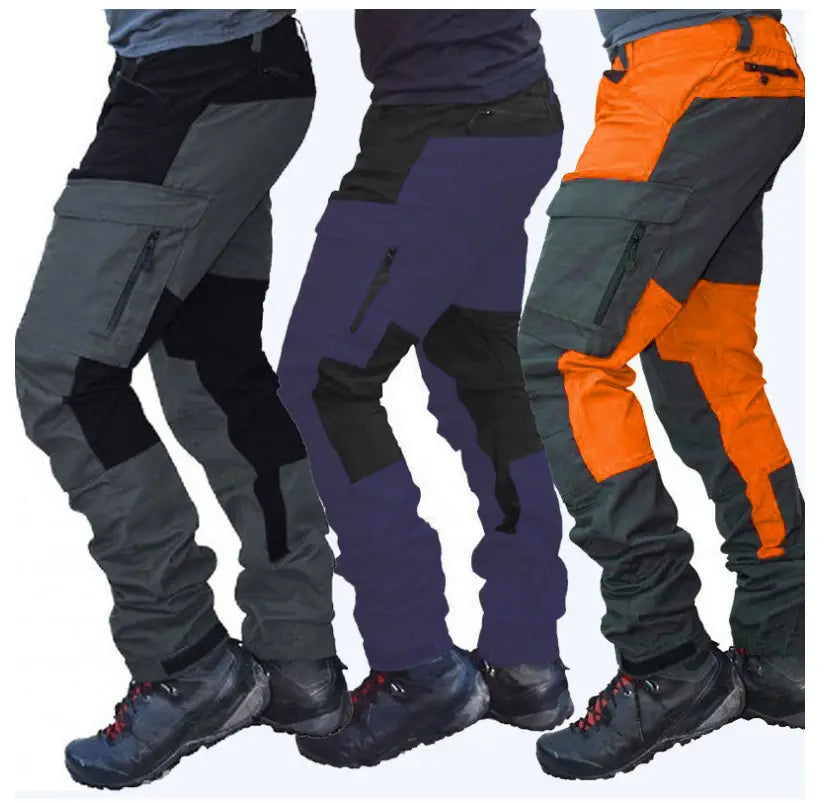 Men tactical cargo joggers outdoor work pants featuring three-color gray purple and orange design with reinforced panels and zippered pockets