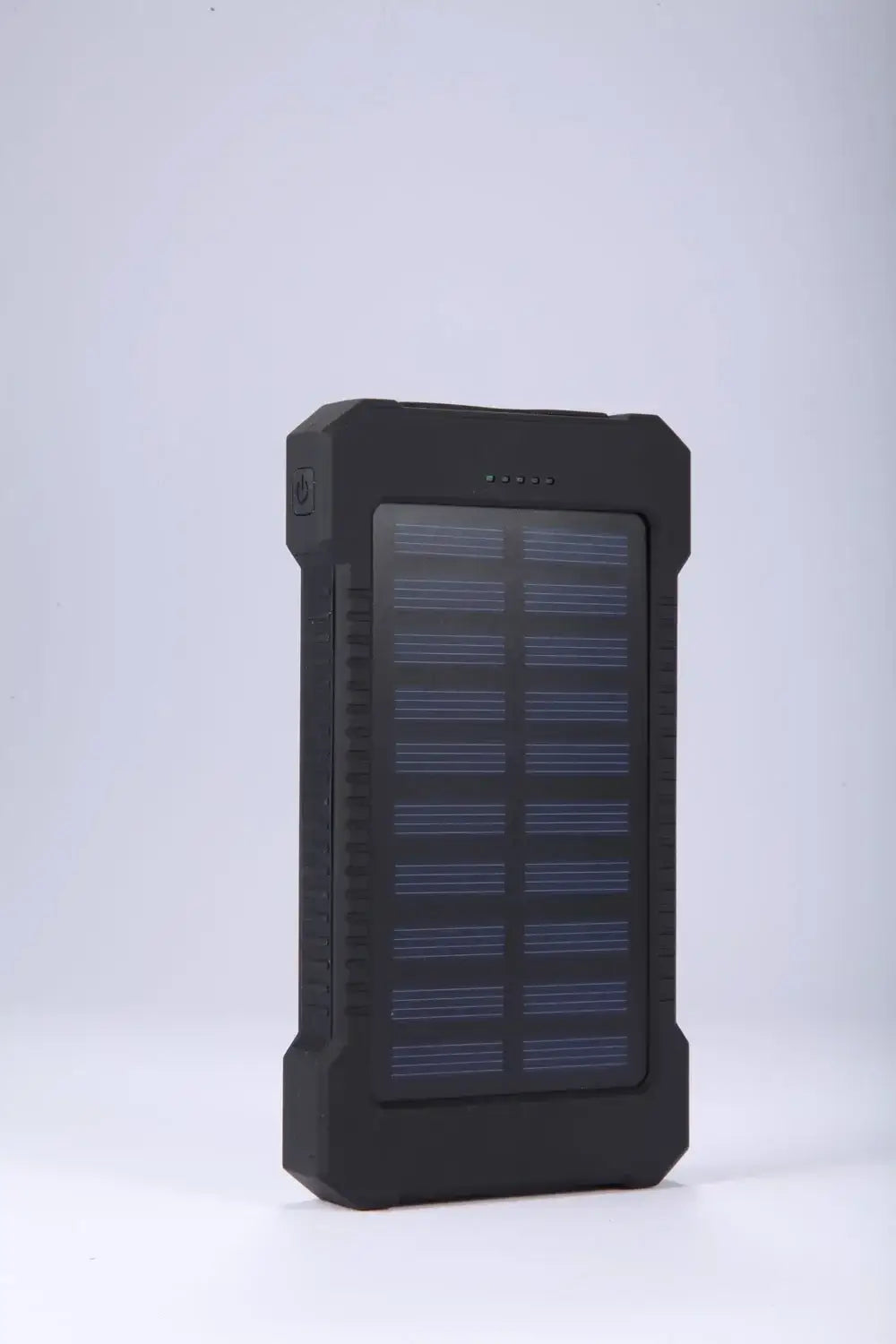 Black rugged solar power bank with a textured protective casing and integrated solar panel featuring dc5v dual usb ports and 20000mah capacity.