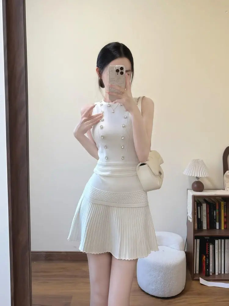 Women Chic Two Piece Set Sleeveless Knit Tank Top and High Waist Pleated Mini Skirt Pearl Detail Slim Fit Suit Minimalist Outfit