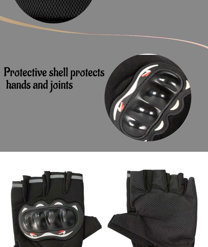 Schwarze Herren- Motorrad-Taktik-Handschuhe mit halben Fingern, die die Rückseite zeigen, mit einer glänzenden Kunststoff-Knöchelschale und weißen Akzentstichen.